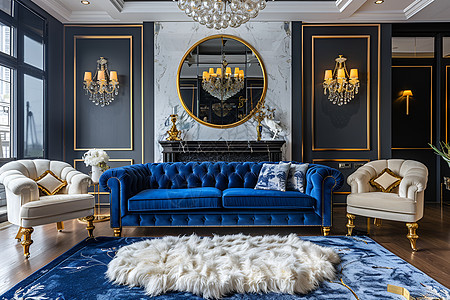奢华蓝色客厅图片