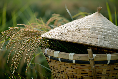田间的繁忙农夫的斗笠与竹篮高清图片