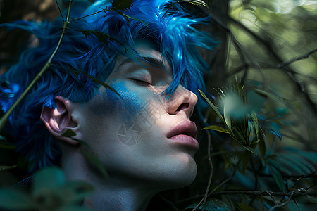 蓝发男人在森林中闭目沉思图片