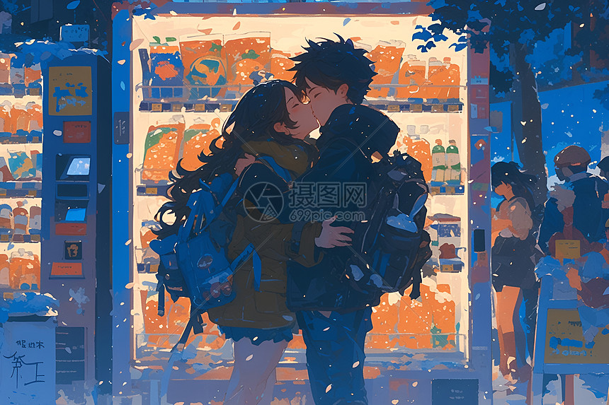 售货机旁恩爱亲吻的情侣图片