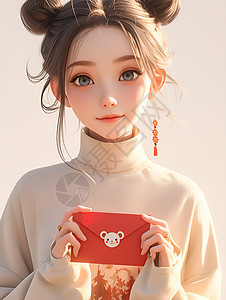少女微笑手持红包时尚装扮温润光影图片