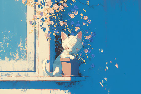 窗前猫咪的花盆探险图片
