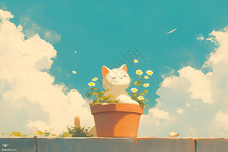 轻盈欢快的猫咪与花盆背景图片
