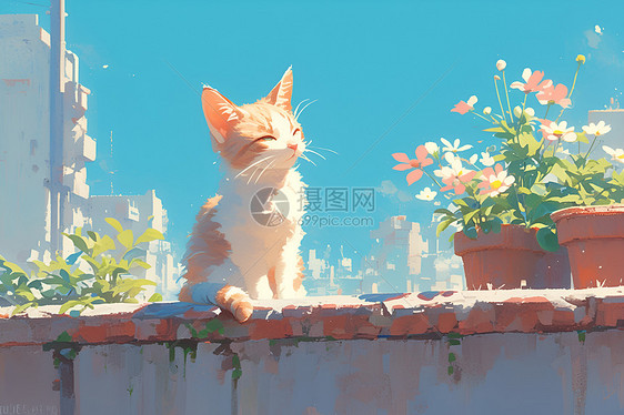 猫咪在花盆旁的静谧插画图片