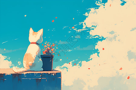 宠物饮水蓝天下的小猫与花盆插画