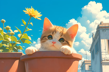 猫咪与花盆的插画图片