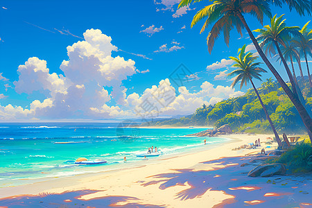 海岛风景翠蓝海岛阳光沙滩插画