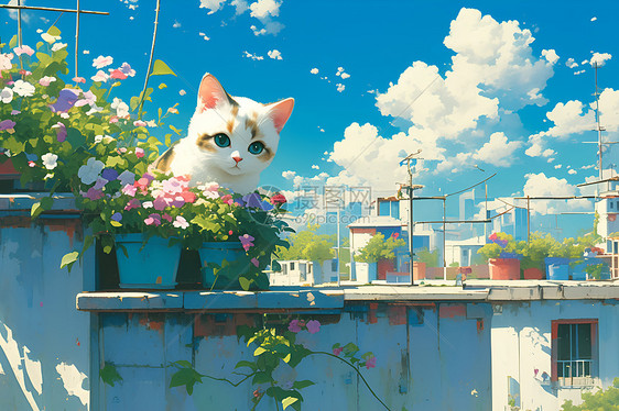 花盆旁的小猫迷人瞬间图片