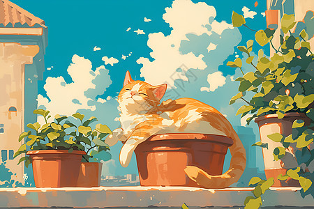 花盆探索的可爱猫咪图片