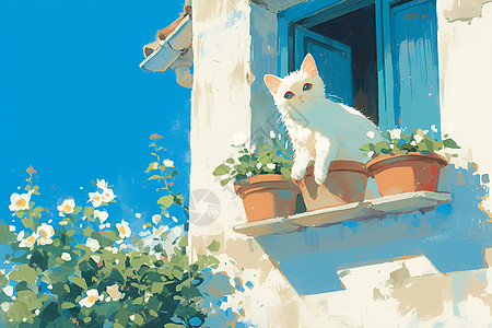 阳光下小猫与花盆图片