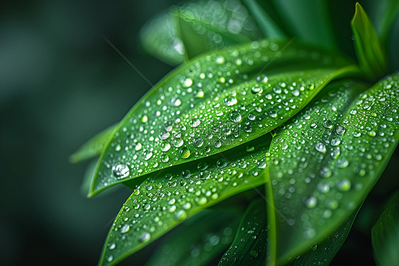 水滴覆盖绿叶图片