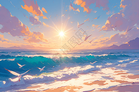 日出的大海和海鸥图片