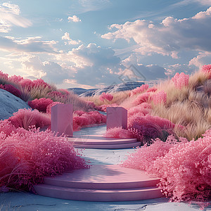 粉色雕塑与天空背景图片
