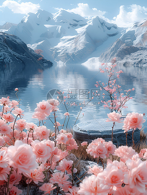 雪山背景下的花朵图片