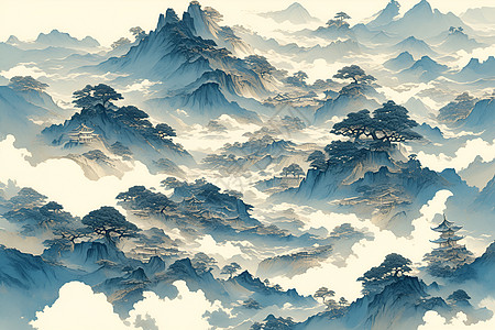 水墨风景云中山川美景插画