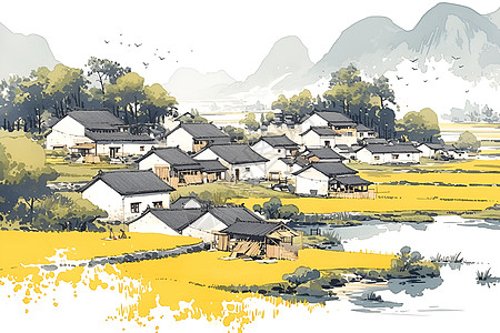 深山村落悬崖村落传统风景画插画