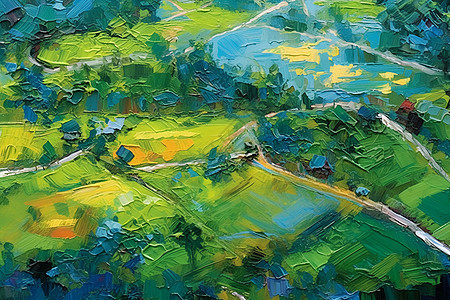 油画中的青绿田野背景图片