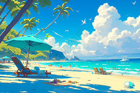 热带海滩上的躺椅和棕榈树背景图片