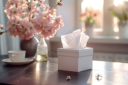 桌面上的纸巾盒和花朵图片
