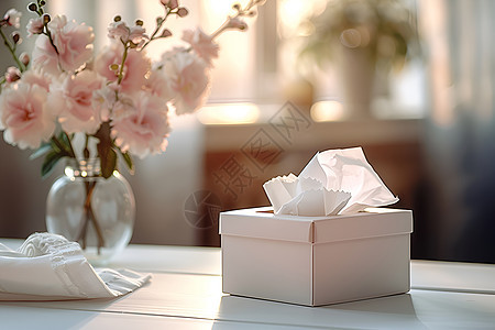 桌子上的花束和纸巾盒图片
