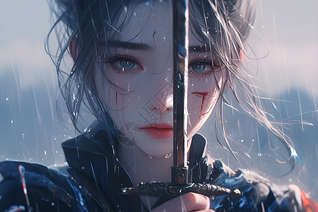 雨中拿着剑的女孩图片