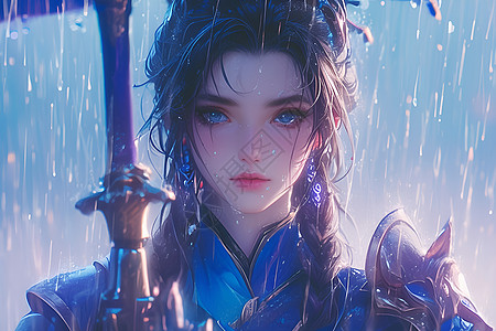 年轻女雨中女剑士插画