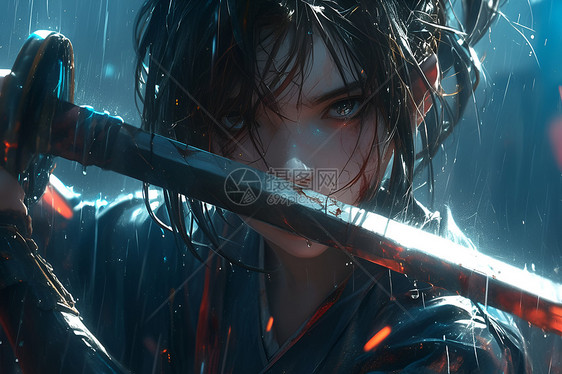 雨中少女舞动利剑图片