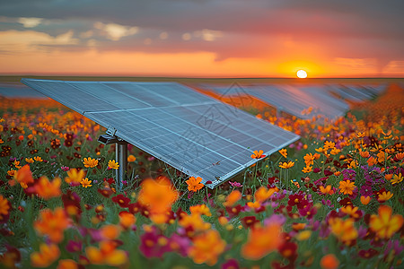 太阳能板与花海图片