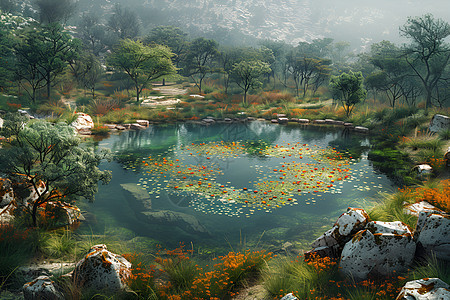 云雾缭绕中的池塘图片