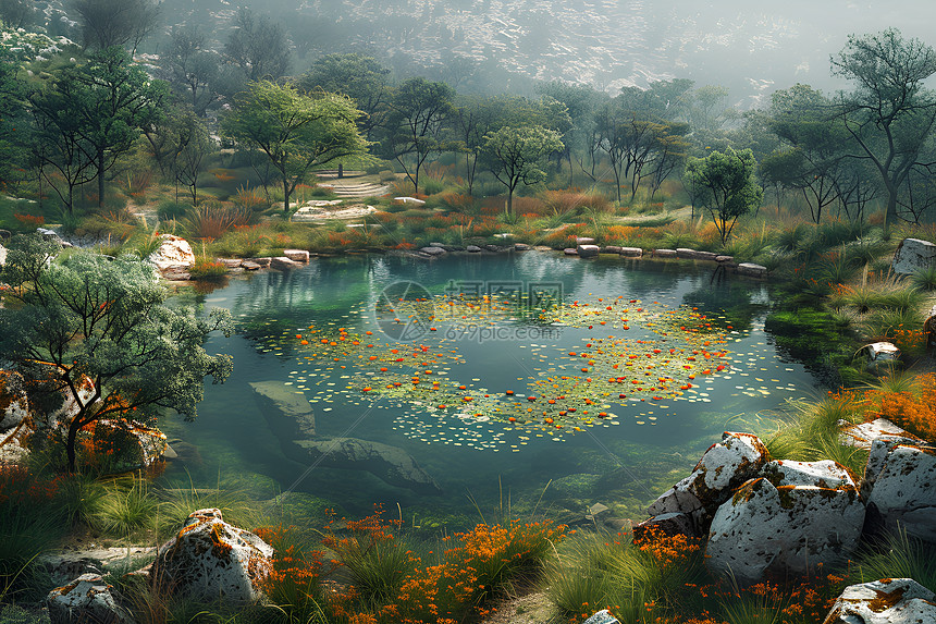 云雾缭绕中的池塘图片