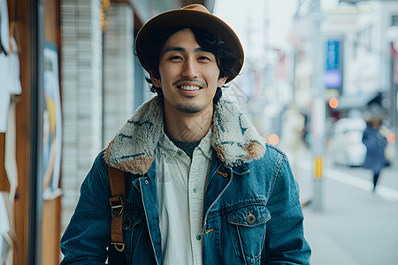 男士外套街边戴着帽子的男人背景