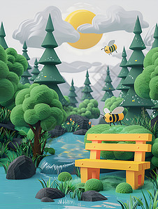小蜜蜂停在河边的长凳上图片