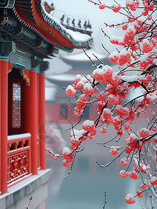 红色宫墙和梅花高清图片