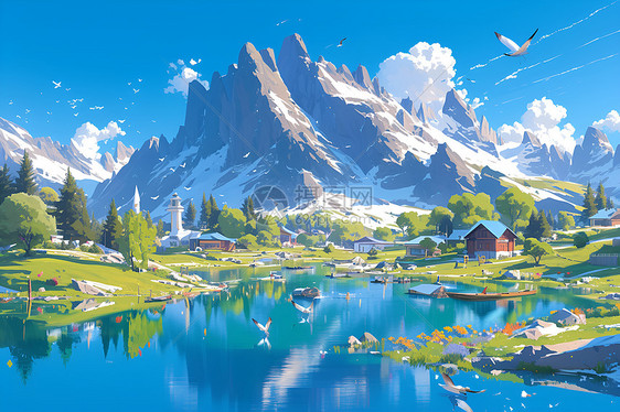 山湖插画美景图片