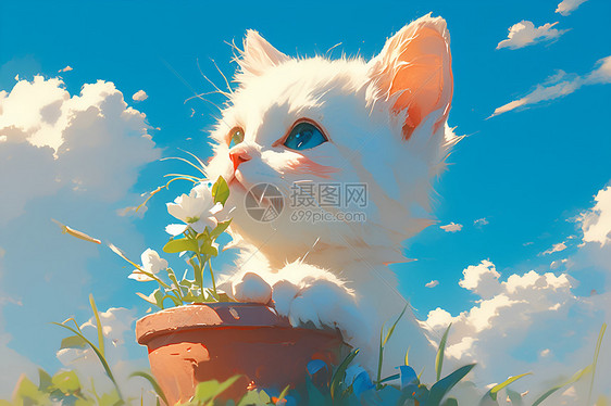 柔和色调中的白猫与花盆图片