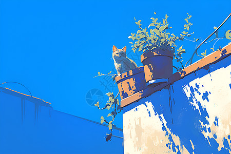 蓝天下的花盆和小猫图片