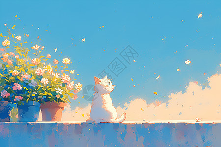 天空下的猫咪与花盆图片
