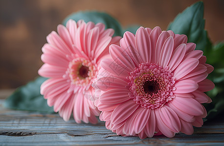三朵粉色雏菊在木桌上图片