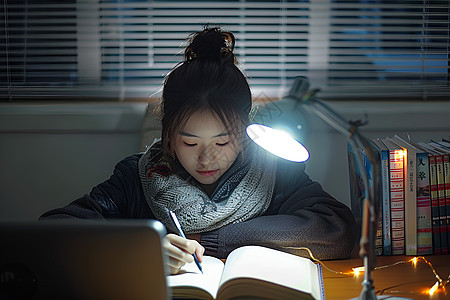 台灯下学习的少女背景图片