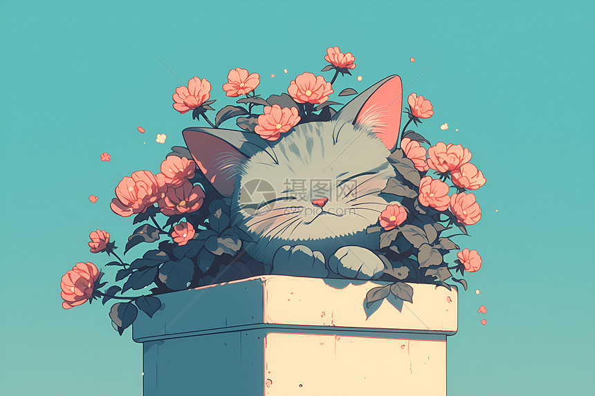 花盆里的猫咪与粉色花朵图片