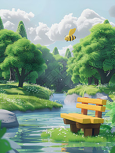 河畔的黄色长椅背景图片