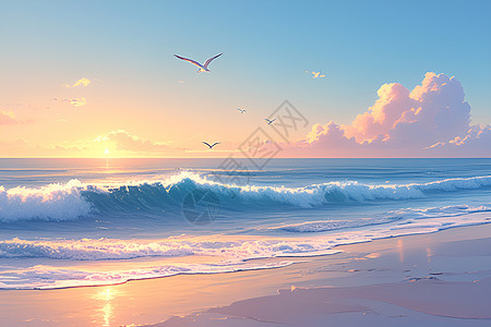 海鸥翱翔晨光大海背景图片