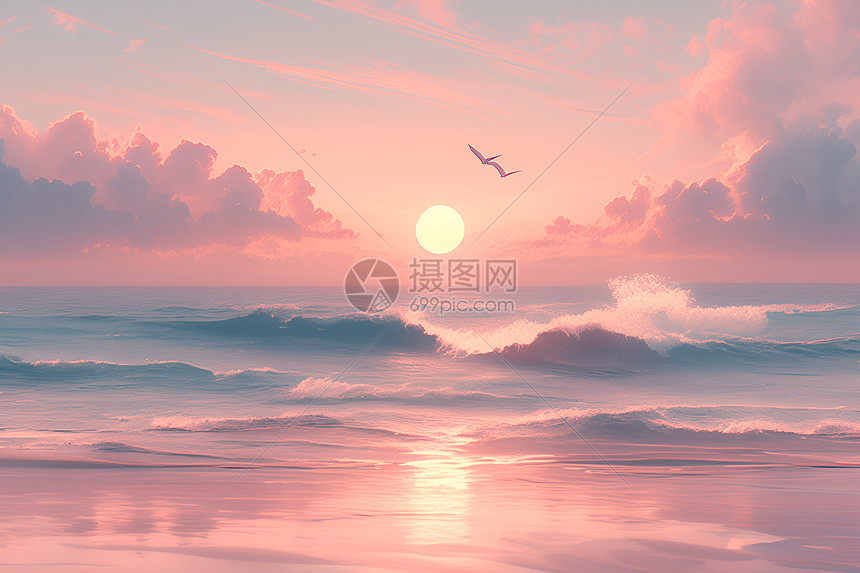 夕阳下的海边美景图片