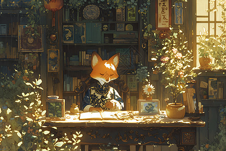 狐狸坐在书桌前背景图片