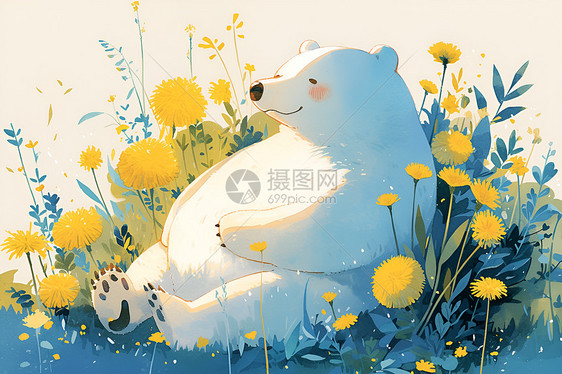 黄花丛中的白熊图片