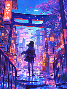 女孩在紫色背景的城市街道中图片