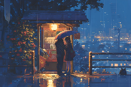 雨中街道夜雨中的恋人插画