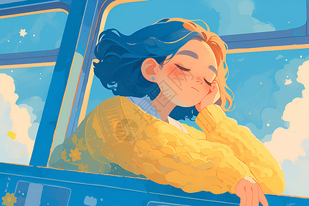汽车发动机舱在公交上睡觉的少女插画