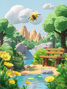 水面悬空蜜蜂飞舞图片