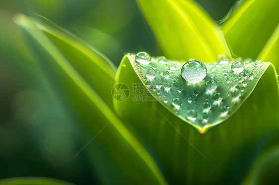 映射自然绿叶上的水珠图片
